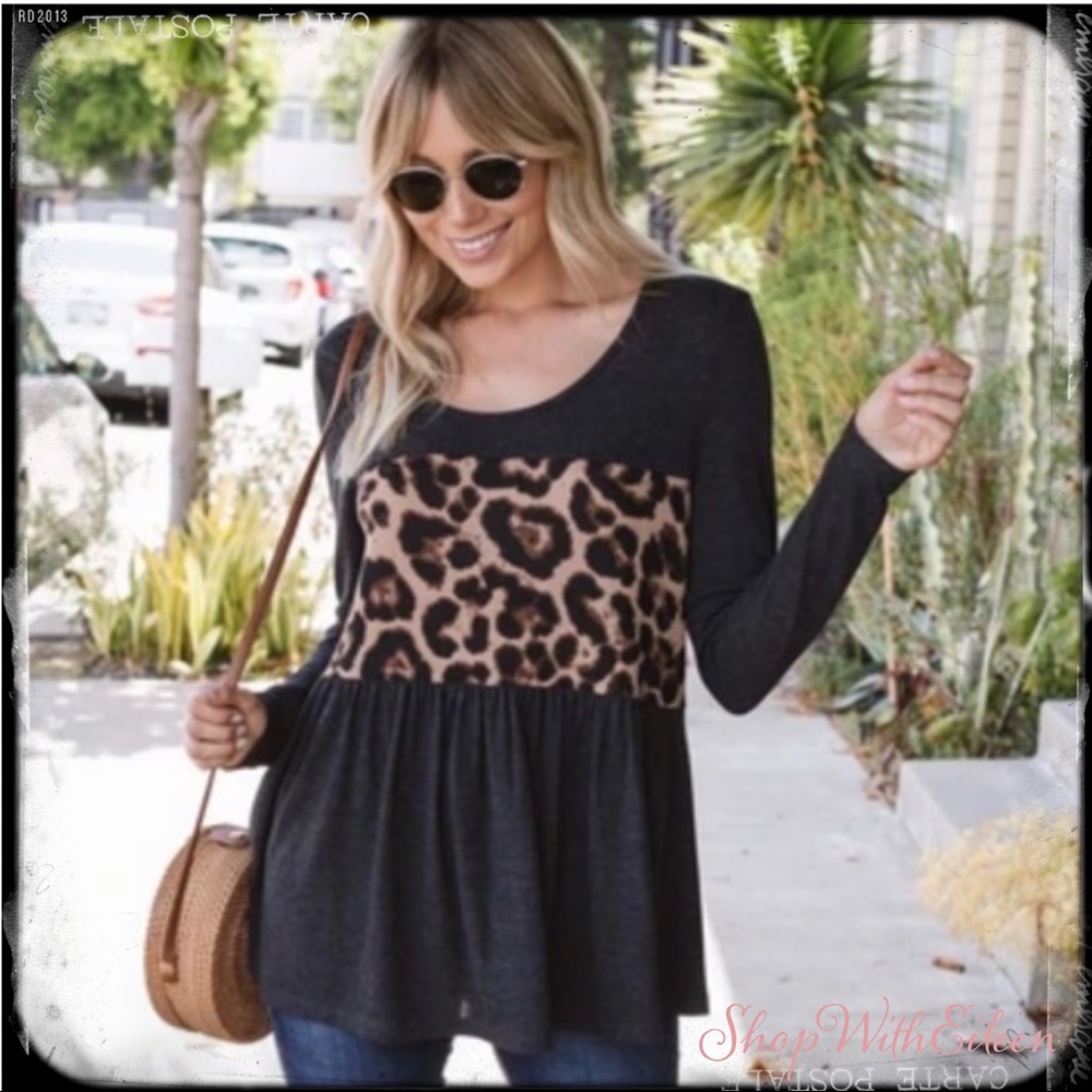 Far & Wild Gray Leopard Long Sleeve Babydoll Plus Size Top